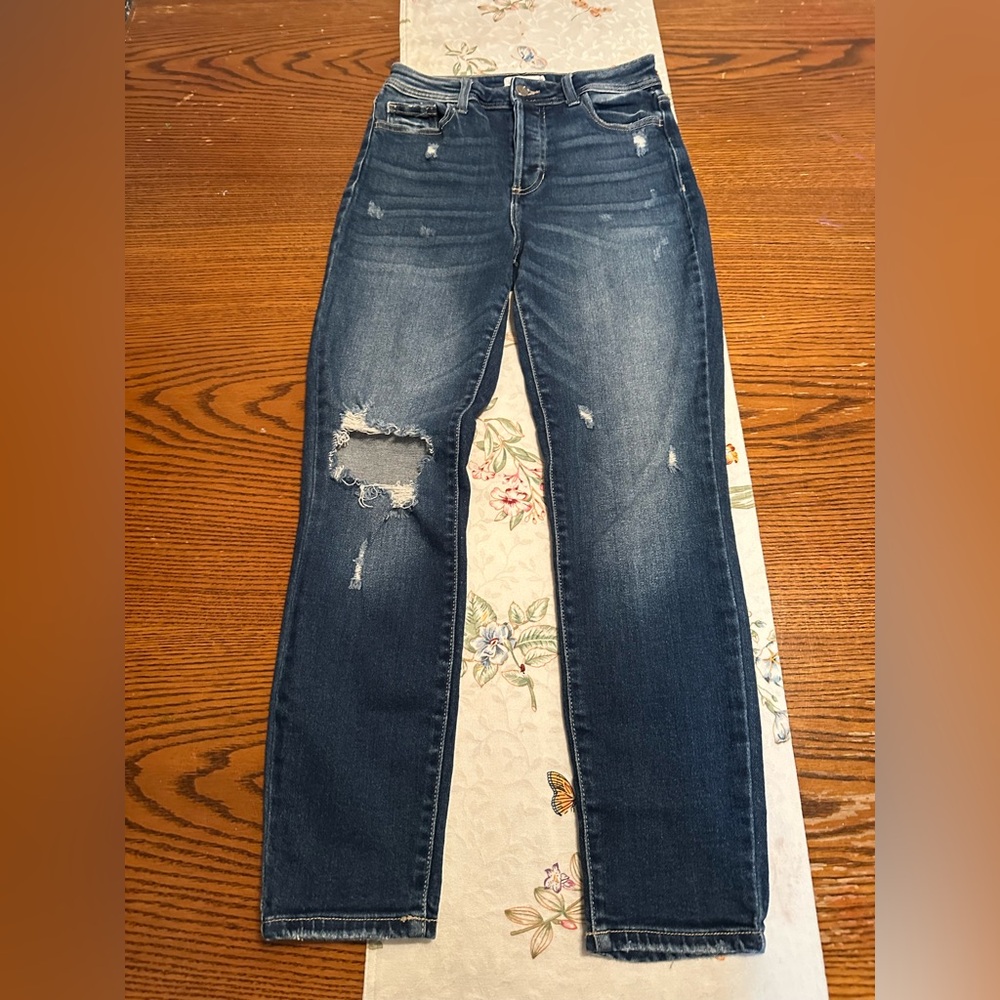 Cello Dark Blue Distressed Women's Straight Leg Jeans